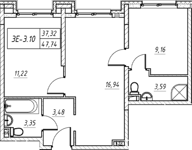 2-комнатная квартира 47.74 м², 10/11 эт., Комплекс апартаментов «Zoom на Неве»